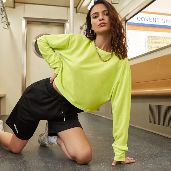 

Neon Lime Drop Shoulder Solid Crop Pullover, Neon lime green