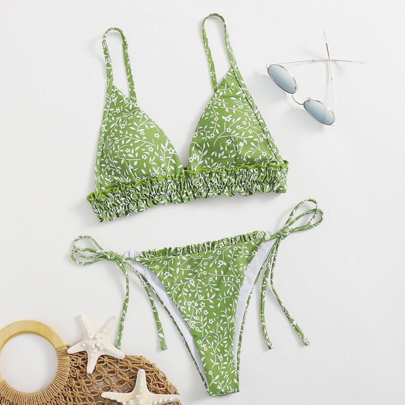 

Ditsy Floral Frill Trim Bikini Swimsuit, Green
