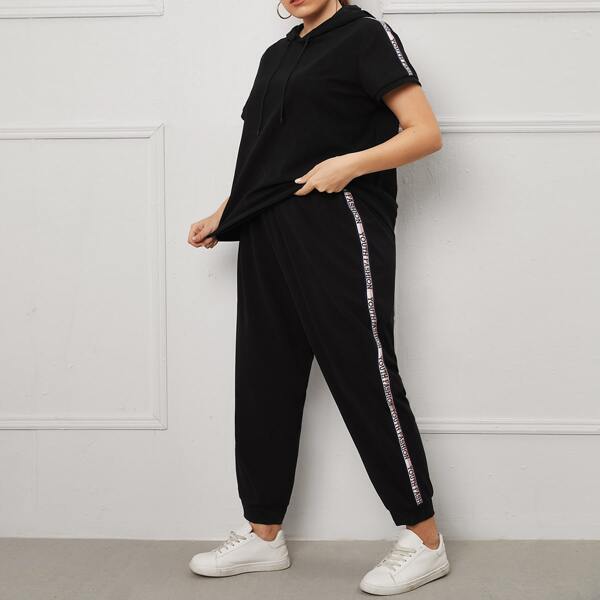 

Plus Letter Tape Panel Drawstring Hoodie & Sweatpants, Black