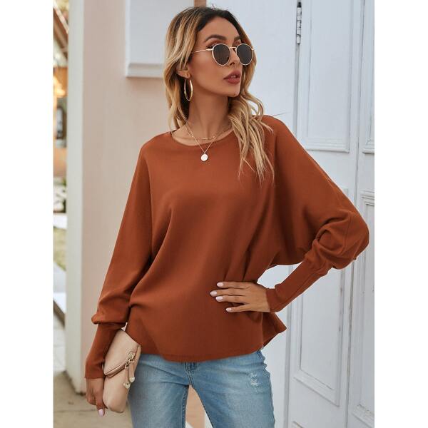 

Batwing Sleeve Solid Sweater, Rust brown