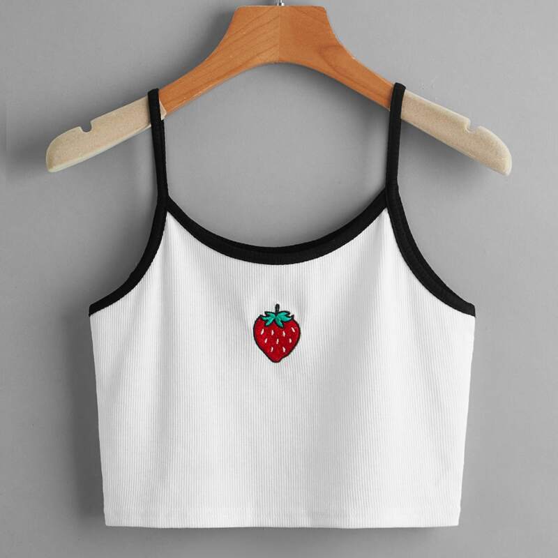 

Strawberry Embroidery Ringer Crop Cami, White
