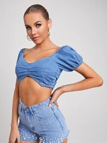 Sweetheart Neck Puff Sleeve Crop Denim Top