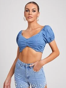 Sweetheart Neck Puff Sleeve Crop Denim Top