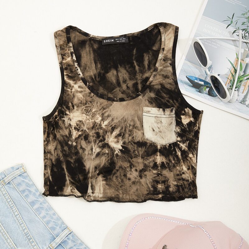 

Scoop Neck Patch Pocket Tie Dye Tank Crop Top, Multicolor