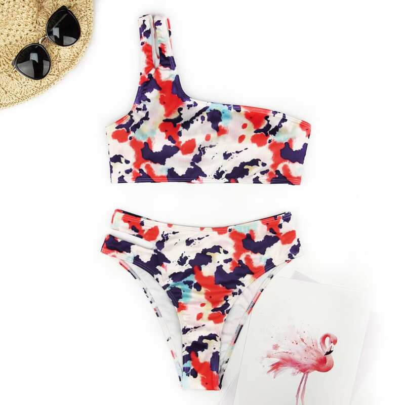 

Ink Pattern One Shoulder Bikini Swimsuit, Multicolor
