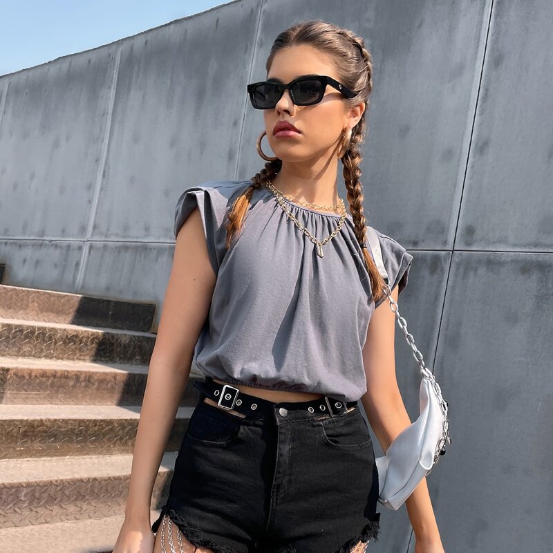 

Elastic Hem Tie Back Crop Tee, Grey