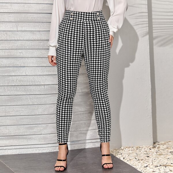

Plus Houndstooth High-rise Skinny Pants, Black and white