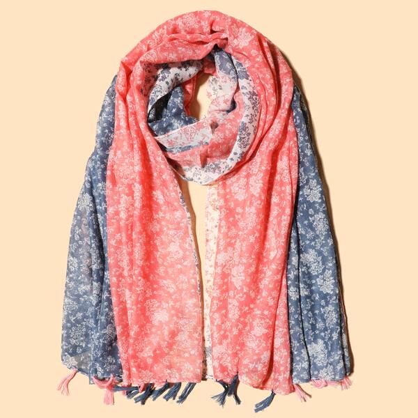 

Flower Pattern Tassel Hem Scarf, Multicolor