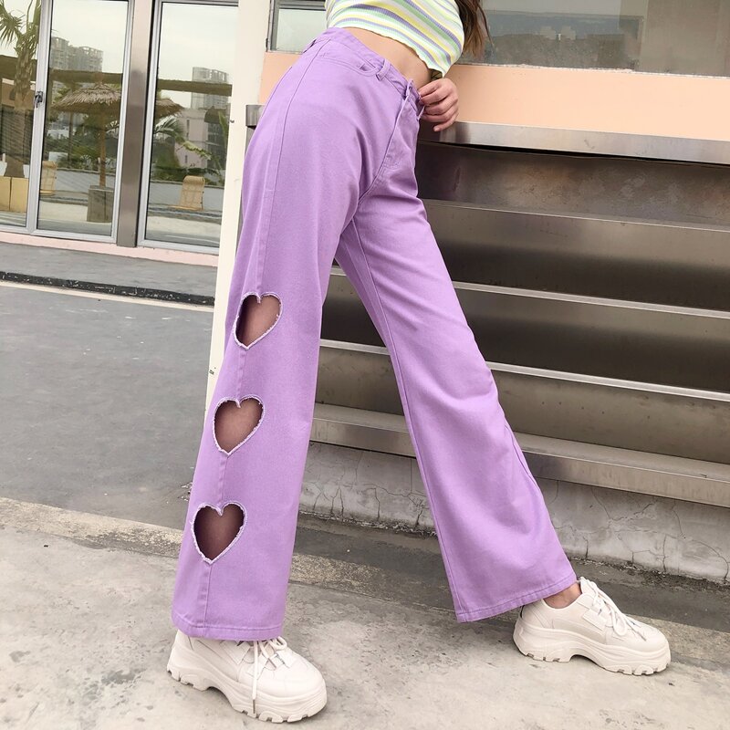 

High Waist Heart Cut-out Wide Leg Jeans, Lilac purple