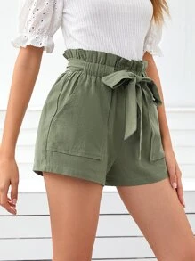 SHEIN Frenchy 紙袋腰傾斜口袋腰帶短褲 - 軍綠色 - 查看 3
