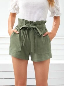 SHEIN Frenchy 紙袋腰傾斜口袋腰帶短褲 - 軍綠色 - 查看 4