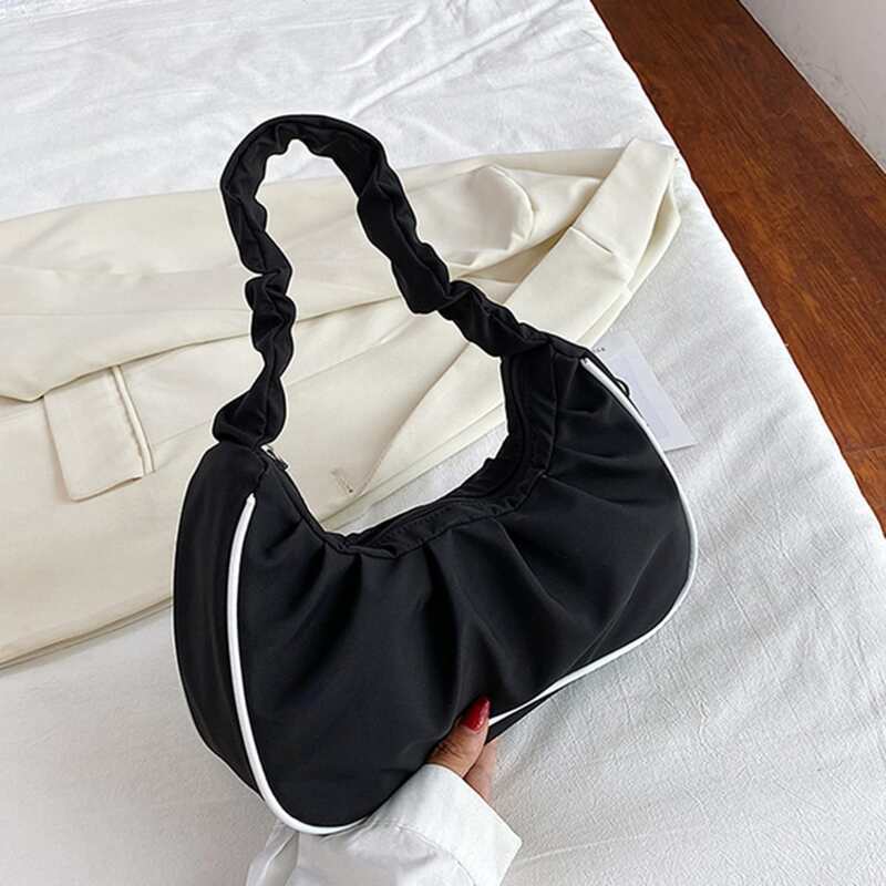 

Contrast Binding Ruched Baguette Bag, Black