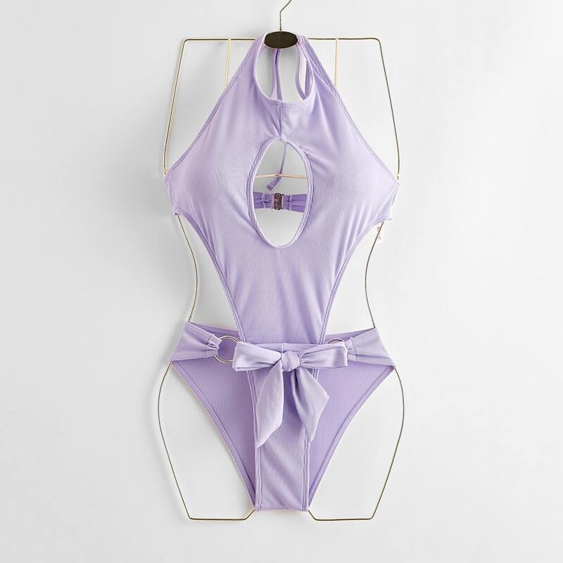 

Ring Decor Tie Front One Piece Swimsuit, Lilac purple