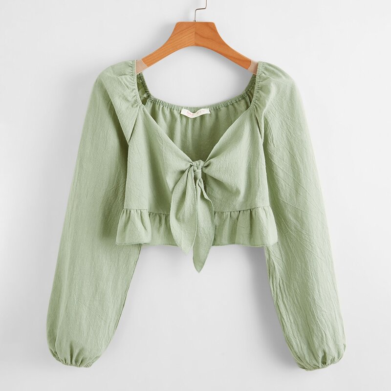 

Solid Tie Front Crop Top, Mint green