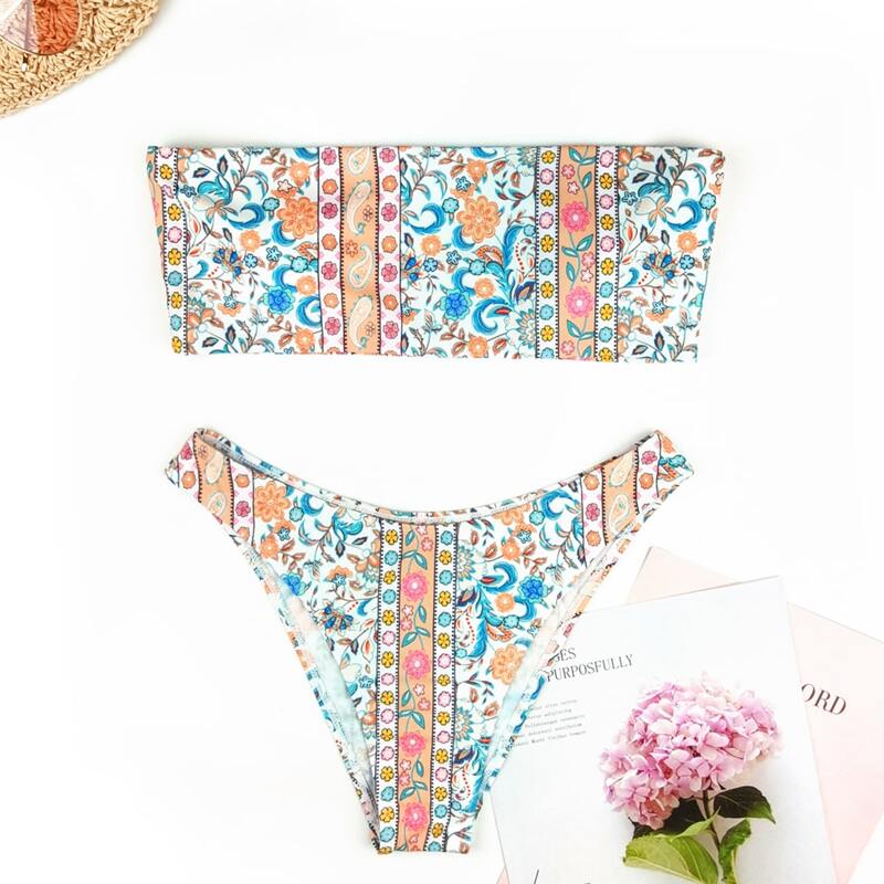 

Floral & Paisley Pattern Bandeau Bikini Swimsuit, Multicolor