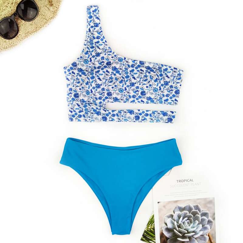 

Ditsy Floral One Shoulder Bikini Swimsuit, Blue
