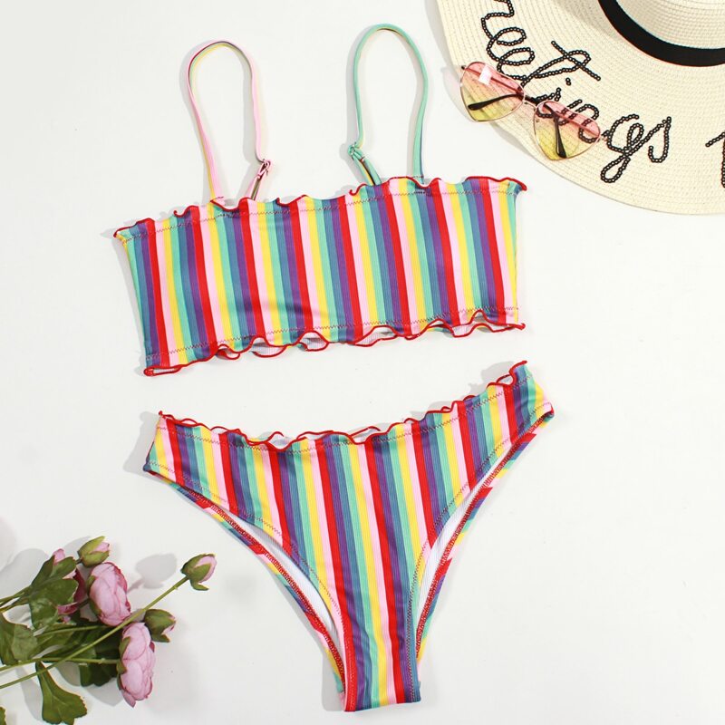 

Stripe Lettuce Trim Bikini Swimsuit, Multicolor