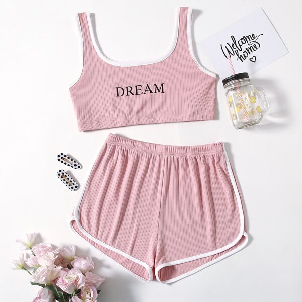 

Contrast Binding Letter Graphic Lounge Set, Baby pink
