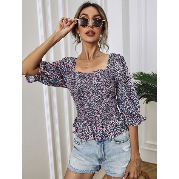 

Ditsy Floral Shirred Peplum Blouse, Multicolor