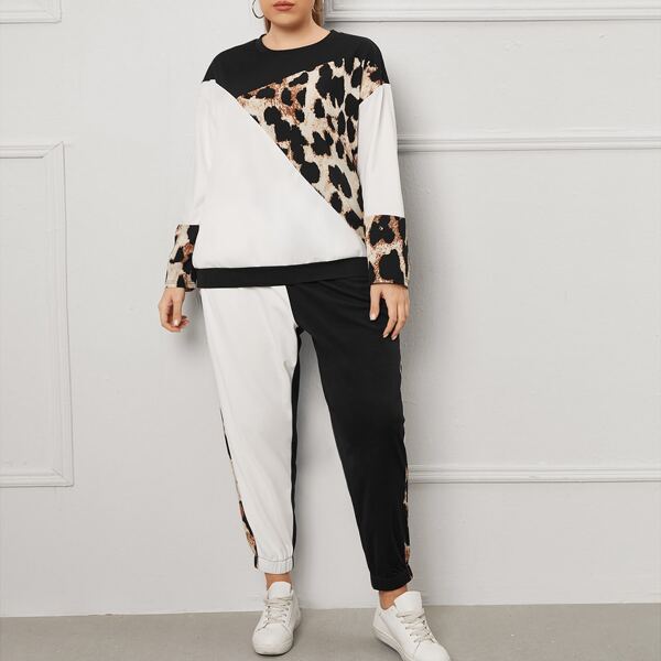 

Plus Contrast Panel Sweatshirt & Sweatpants, Multicolor