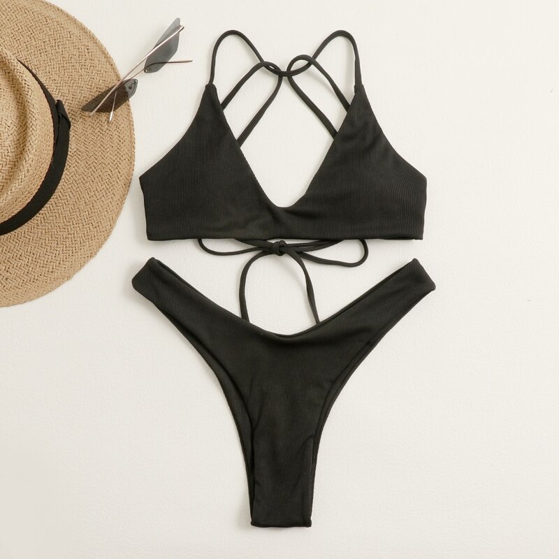 

Ribbed High Leg Bikini Swimsuit, Black
