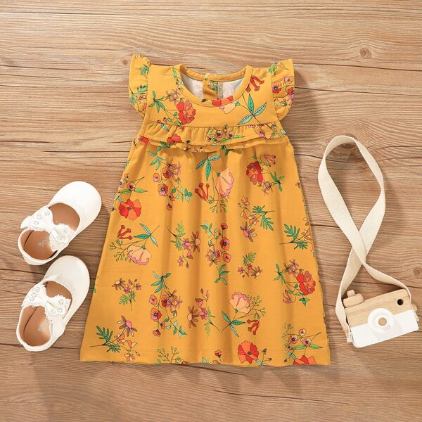 

Baby Girl Floral Ruffle Trim Babydoll Dress, Orange