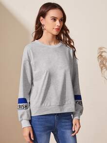 SHEIN Drop Shoulder Letter Graphic Pullover - Light Grey - View 3