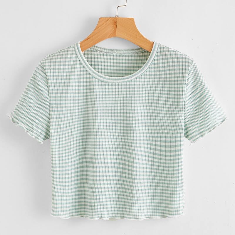 

Striped Lettuce Trim Ribbed Tee, Multicolor