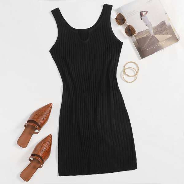 

Notch Neck Rib-knit Sweater Dress, Black