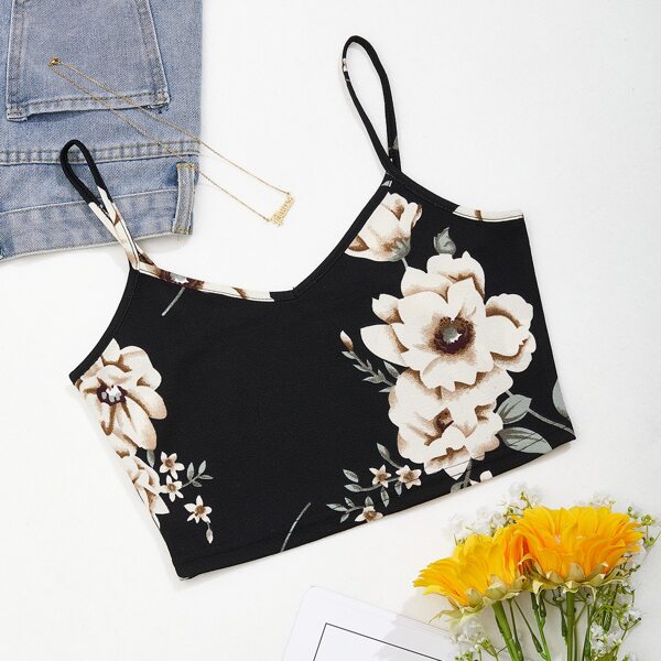 

Floral Print Cami Crop Top, Black