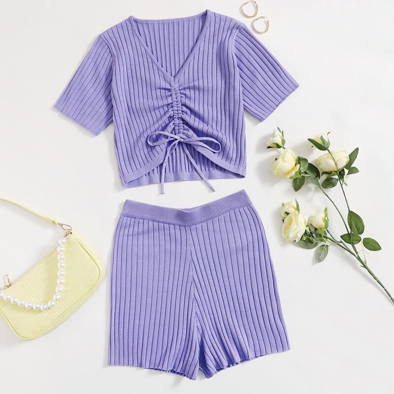 

Solid Drawstring Front Sweater & Knit Shorts, Violet purple