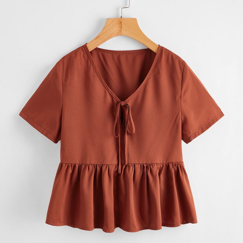 

Solid Tie Front Peplum Blouse, Rust brown