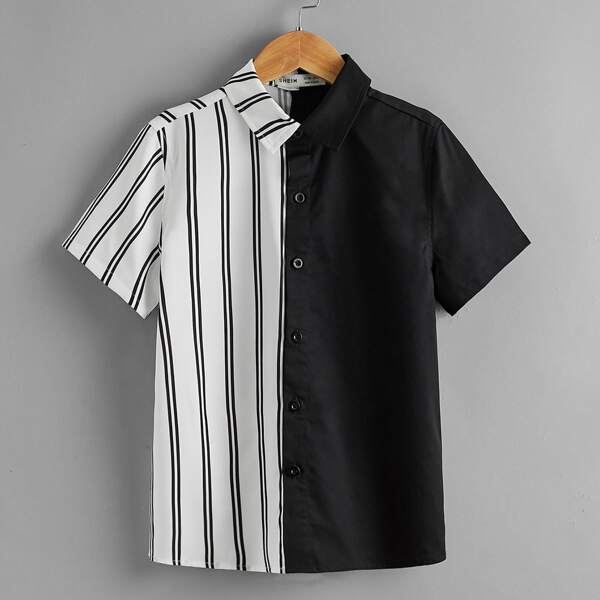 

Boys Striped Panel Two Tone Shirt, Black and white