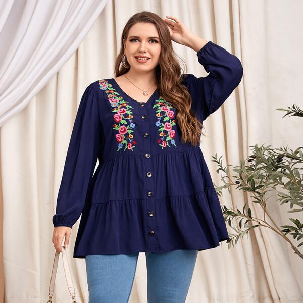 

Plus Floral Embroidery Button Front Peplum Blouse, Navy blue