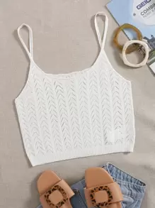 針織孔眼花邊針織短版吊帶上衣 - 白色 - 查看 1