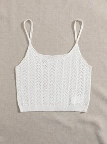 針織孔眼花邊針織短版吊帶上衣 - 白色 - 查看 5
