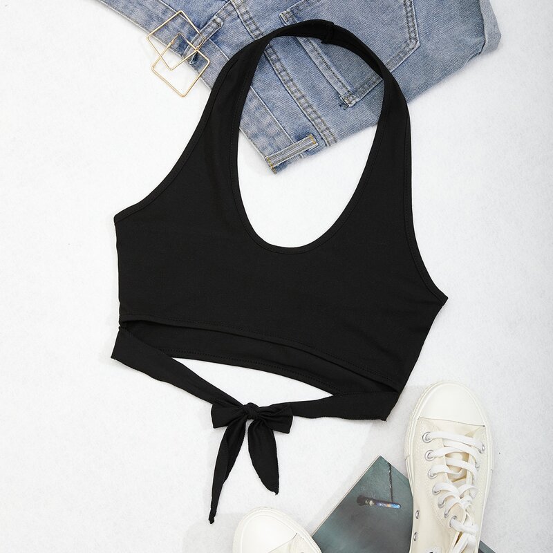 

Halterneck Knotted Crop Top, Black