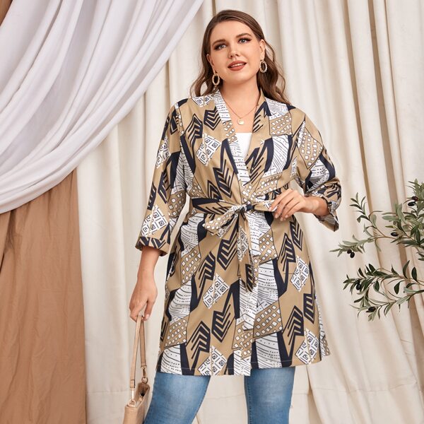 

Plus Geo Print Belted Kimono, Multicolor