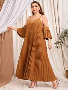 Vestido plisado con hombros descubiertos talla grande - Marrón - Ver 3