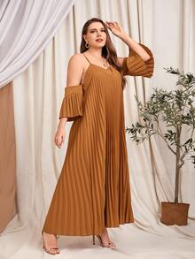 Vestido plisado con hombros descubiertos talla grande - Marrón - Ver 4