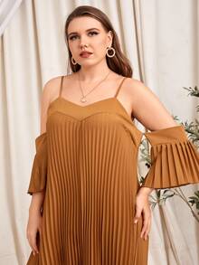 Vestido plisado con hombros descubiertos talla grande - Marrón - Ver 5