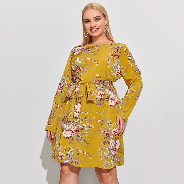 

Plus Floral Print Belted Dress, Mustard yellow