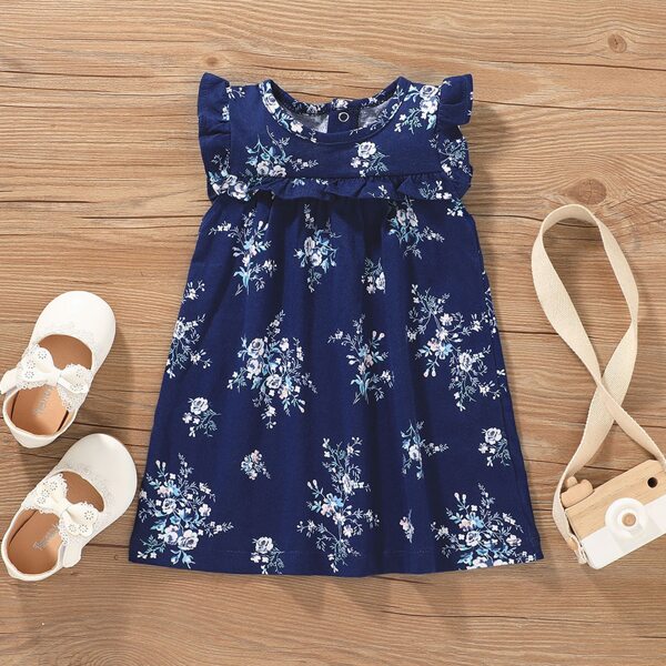 

Baby Girl Floral Print Ruffle Trim Smock Dress, Navy blue