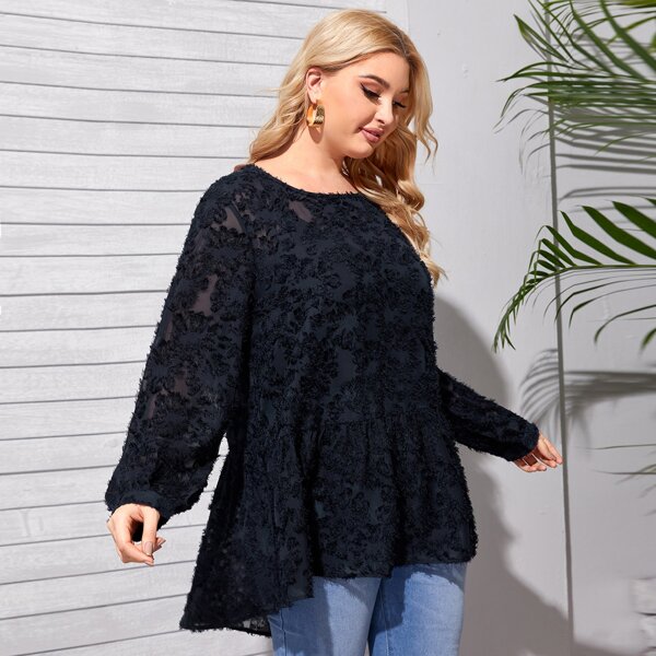 

Plus Solid Ruffle Hem Fuzzy Blouse, Navy blue