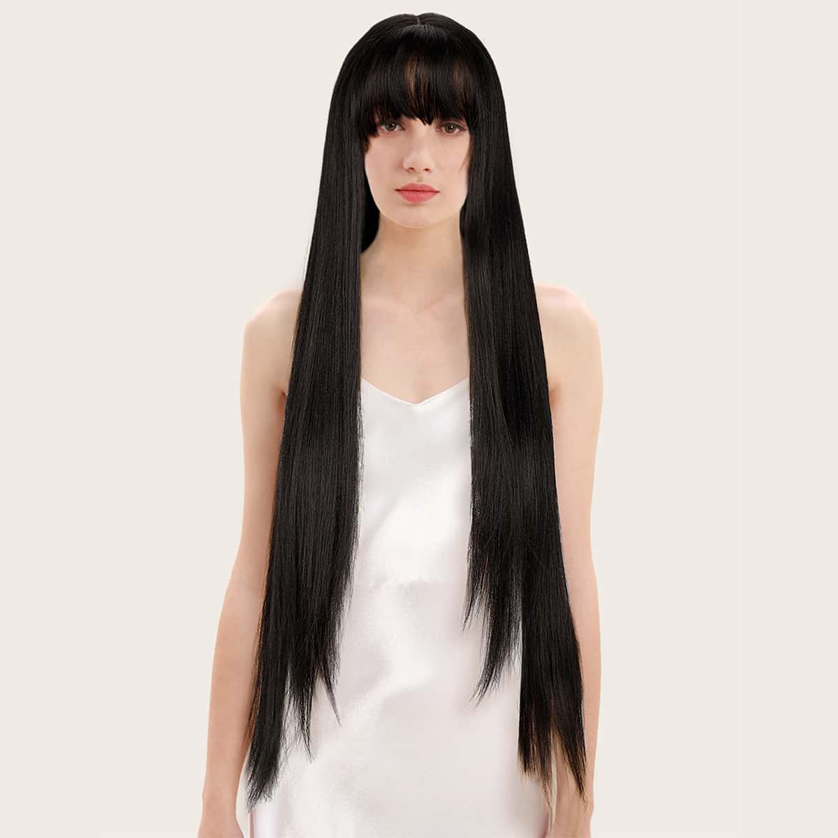 

Long Straight Lace Front Wig With Bangs, Black