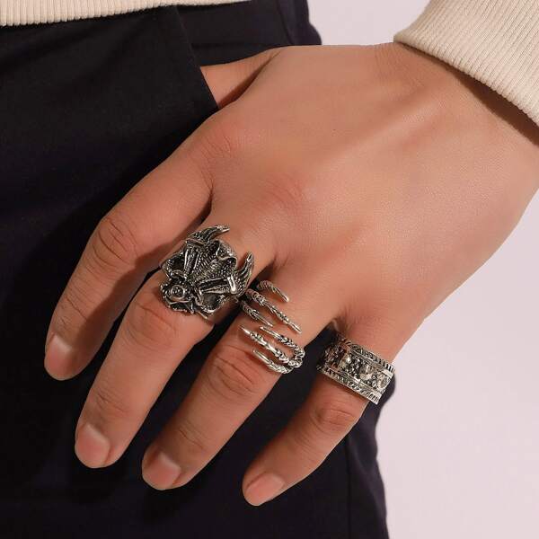 

3pcs Men Engraved Ring, Silver