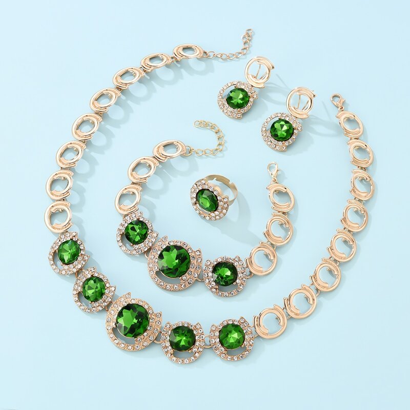

Gemstone Decor Necklace & Bracelet & Earrings & Ring, Green