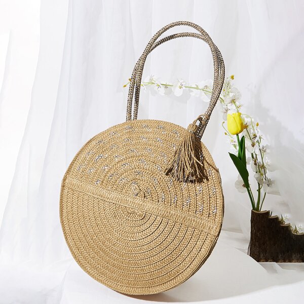 

Tassel Decor Straw Circle Bag, Khaki