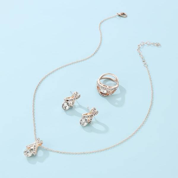 

Rhinestone Charm Necklace & Earrings & Ring, Gold