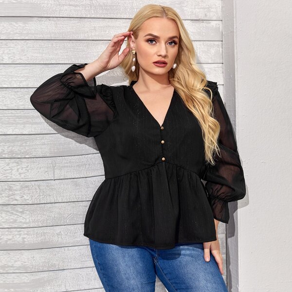 

Plus Flounce Sleeve Half Placket Peplum Blouse, Black
